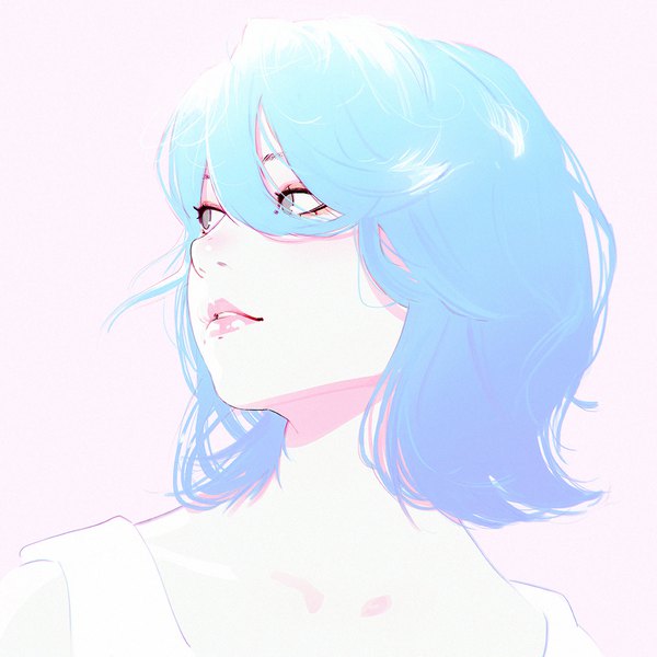 Anime picture 1080x1080 with original ilya kuvshinov single fringe short hair simple background hair between eyes blue hair looking away parted lips lips grey eyes lipstick portrait pink background pink lipstick girl