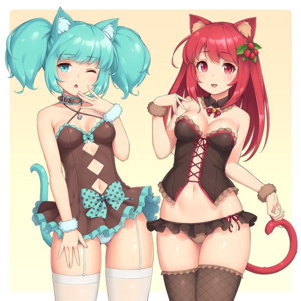 Anime picture 980x980 with original sasaame long hair looking at viewer blush fringe short hair breasts open mouth light erotic simple background red eyes standing multiple girls animal ears payot red hair tail blunt bangs animal tail