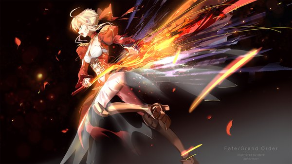 Anime picture 1920x1080 with fate (series) fate/extra nero claudius (fate) (all) nero claudius (fate) clare (543) single highres short hair open mouth light erotic blonde hair wide image holding green eyes signed looking away ahoge bent knee (knees) profile puffy sleeves