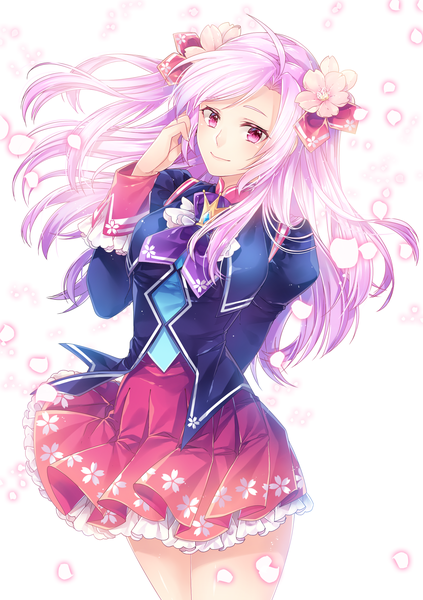 Anime picture 1748x2480 with silverbin single long hair tall image looking at viewer highres white background pink hair pink eyes hair flower girl skirt uniform flower (flowers) school uniform petals