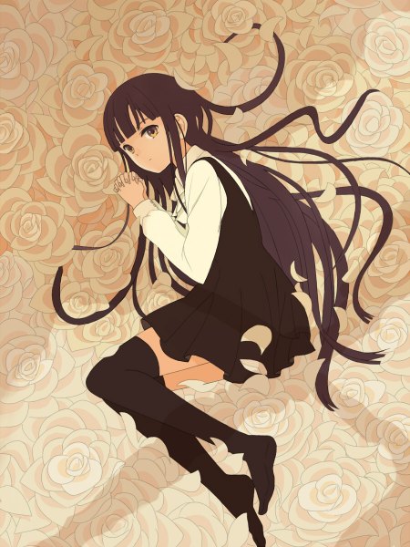 Anime picture 900x1200 with inu x boku ss david production shirakiin ririchiyo suya (suya000) single long hair tall image looking at viewer fringe black hair yellow eyes full body lying shadow no shoes girl thighhighs flower (flowers) black thighhighs petals