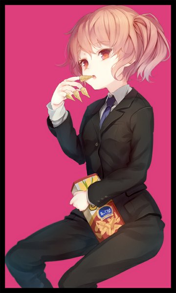 Anime picture 541x900 with inu x boku ss david production roromiya karuta paseri single tall image looking at viewer short hair breasts open mouth red eyes twintails holding pink hair pink background girl shirt necktie food white shirt