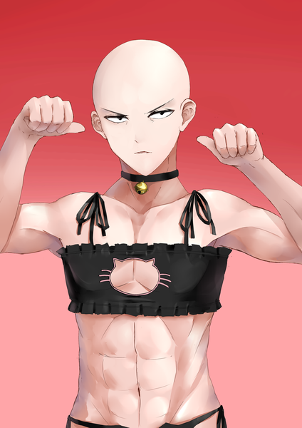 Anime picture 2480x3507 with one-punch man madhouse saitama (one-punch man) mayoraisu single tall image highres open mouth light erotic simple background looking away gradient background cleavage cutout red background muscle serious paw pose abs frilled bra bald