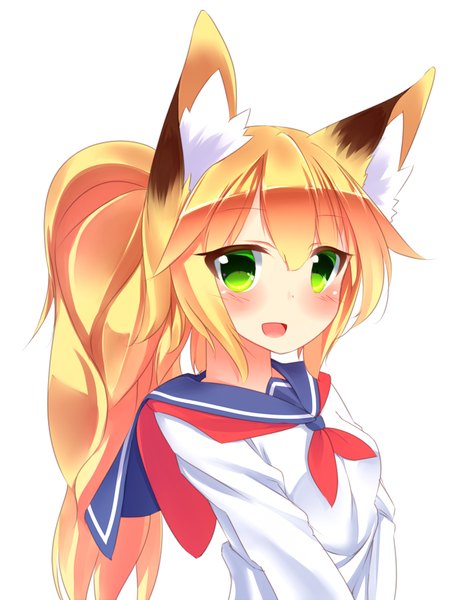 Anime picture 700x900 with original autumn dawn single long hair tall image blush fringe open mouth blonde hair hair between eyes white background green eyes animal ears looking away upper body ponytail :d fox ears girl uniform