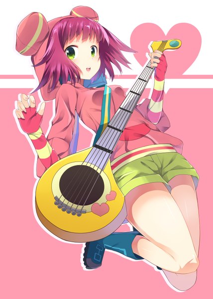 Anime picture 1200x1680 with ryuusei no rockman hibiki misora abusoru single tall image short hair open mouth smile green eyes pink hair bent knee (knees) girl gloves elbow gloves shorts boots fingerless gloves short shorts thigh boots guitar