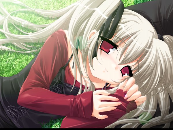 Anime picture 1024x768 with moero downhill night 2 narukami kei emily (pure dream) long hair red eyes twintails game cg silver hair outdoors lying loli girl plant (plants) grass