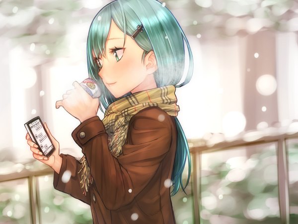 Anime picture 1600x1200 with kantai collection suzuya heavy cruiser baffu single long hair blush fringe smile holding green eyes blue hair looking away profile blurry depth of field snowing winter exhalation girl hair ornament