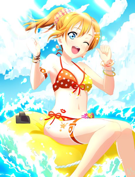 Anime picture 2300x3000 with love live! school idol project sunrise (studio) love live! kousaka honoka pandaista single tall image fringe highres short hair blue eyes smile hair between eyes sitting bare shoulders signed sky cloud (clouds) bent knee (knees) ponytail