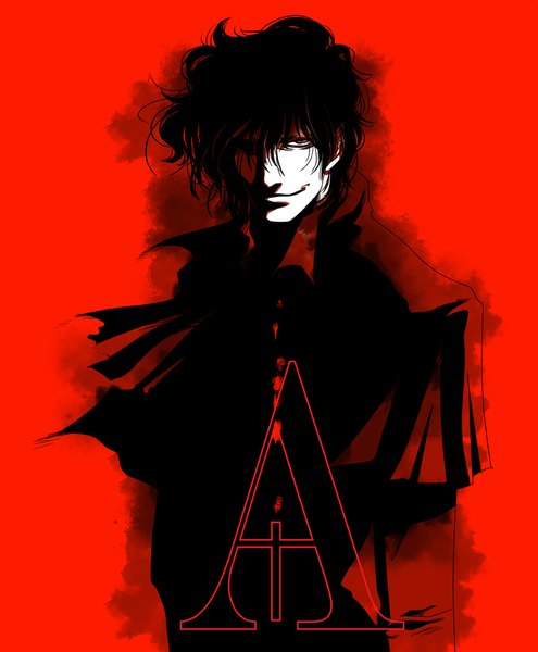 Anime picture 936x1134 with hellsing alucard (hellsing) solid&etc single tall image looking at viewer short hair black hair simple background smile red eyes text red background boy cloak