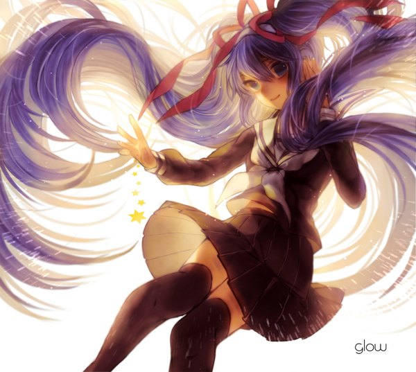 Anime picture 1280x1146 with vocaloid hatsune miku yasiromann single long hair looking at viewer simple background smile white background twintails purple eyes purple hair pleated skirt sunlight adjusting hair girl thighhighs skirt uniform ribbon (ribbons)