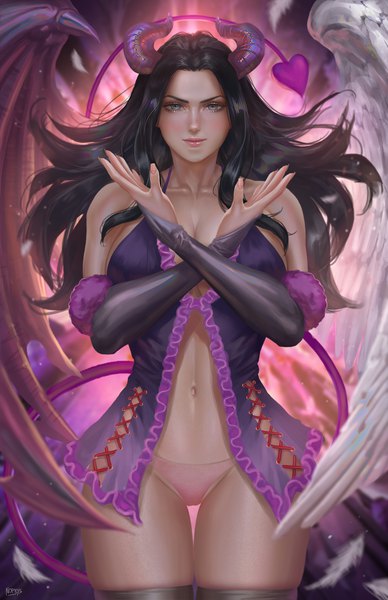 Anime picture 3300x5100 with one piece toei animation nico robin nopeys single long hair tall image looking at viewer blush highres breasts light erotic black hair large breasts standing signed absurdres tail horn (horns) fingernails