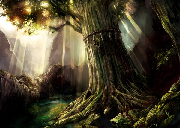 Anime picture 1500x1071 with 317/miiina (pixiv) sunlight mountain river nature plant (plants) tree (trees) water forest