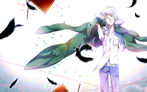 Anime picture 1600x1000 with psycho-pass production i.g shougo makishima lifegoeson single long hair looking at viewer smile wide image yellow eyes white hair open clothes boy shirt belt pants feather (feathers) coat thread red thread