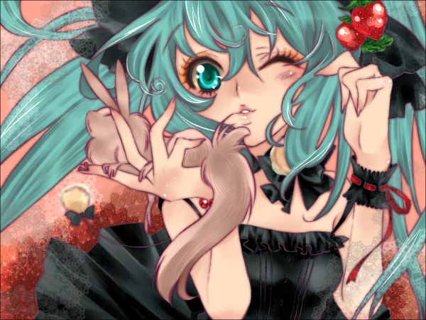 Anime picture 1200x900 with vocaloid hatsune miku twintails one eye closed aqua eyes wink aqua hair girl dress ribbon (ribbons) hair ribbon animal food berry (berries) strawberry tarou (pixiv503223)