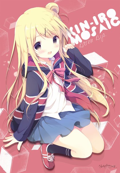 Anime picture 684x980 with kin-iro mosaic kujou karen shiratama (shiratamaco) single long hair tall image blush open mouth blonde hair full body black eyes open jacket hair bun (hair buns) copyright name character names girl uniform school uniform socks jacket