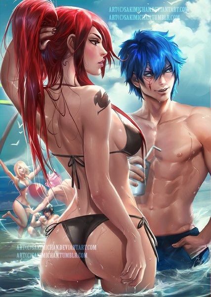 Anime picture 640x900 with fairy tail a-1 pictures lucy heartfilia erza scarlet natsu dragneel gray fullbuster jellal fernandes sakimichan long hair tall image blush fringe short hair breasts blue eyes light erotic black hair blonde hair standing multiple girls