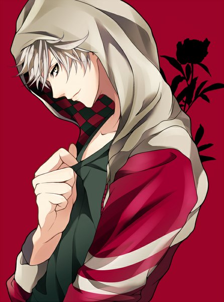 Anime picture 600x807 with uta no prince-sama a-1 pictures kurosaki ranmaru myua single tall image looking at viewer short hair simple background silver hair profile red background silver eyes boy hood hoodie