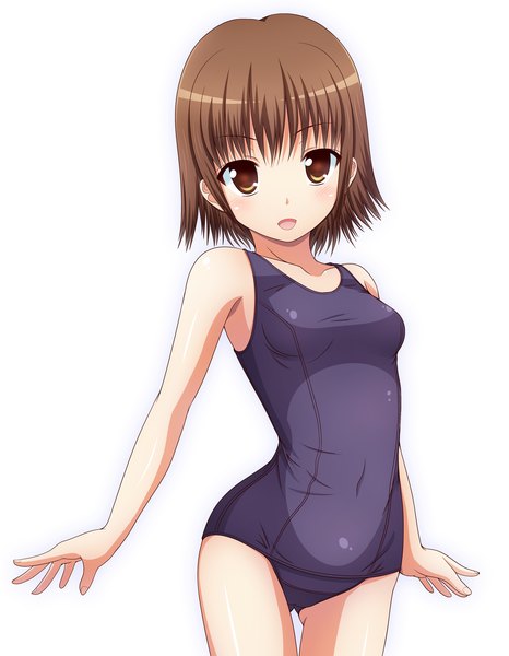Anime picture 1240x1594 with original kk-sk-ray single tall image blush short hair breasts open mouth light erotic simple background brown hair white background brown eyes flat chest girl swimsuit one-piece swimsuit school swimsuit