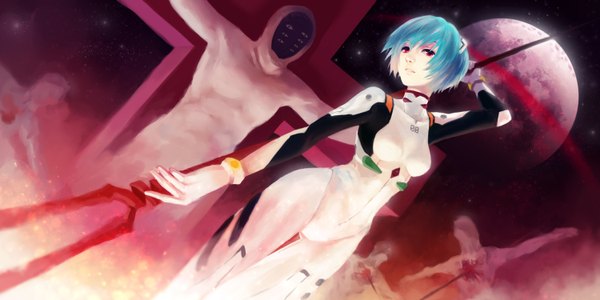Anime picture 1500x750 with neon genesis evangelion rebuild of evangelion evangelion: 2.0 you can (not) advance gainax ayanami rei weebly (artist) single short hair red eyes wide image blue hair night girl weapon moon cross spear planet pilot suit