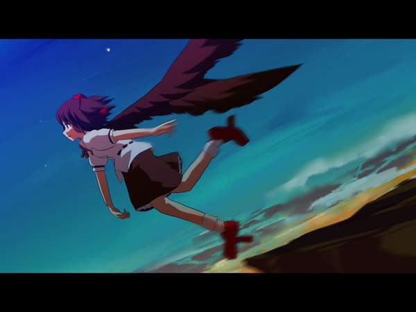 Anime picture 1280x960 with touhou shameimaru aya murasin black wings girl hat wings tokin hat geta
