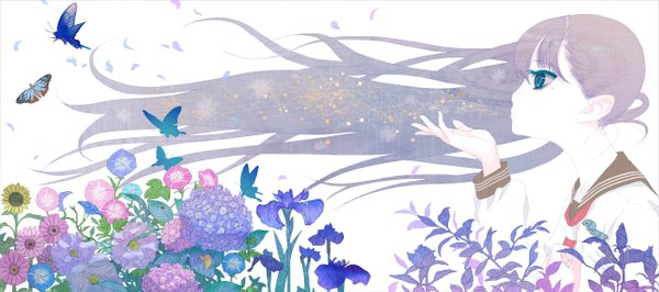 Anime picture 1300x578 with original ochurucchuru single long hair blue eyes brown hair wide image profile wind girl flower (flowers) petals serafuku insect butterfly