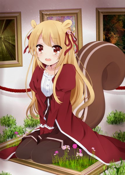 Anime picture 1000x1398 with original kzom single long hair tall image blush open mouth blonde hair red eyes animal ears animal tail girl flower (flowers) ribbon (ribbons) plant (plants) hair ribbon picture