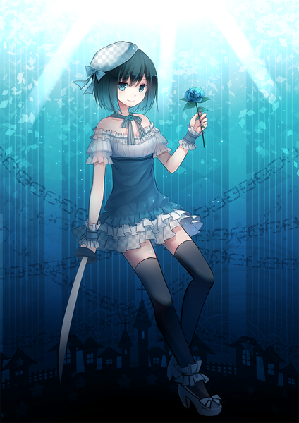 Anime picture 1000x1414 with original cuivre single tall image short hair blue eyes black hair zettai ryouiki girl thighhighs dress flower (flowers) weapon black thighhighs sword beret