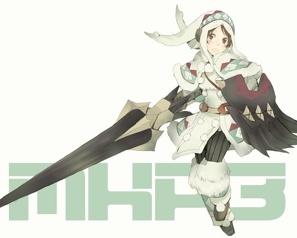 Anime picture 1200x960 with monster hunter monster hunter portable 3rd monster hunter (character) lagombi (armor) yoshito (u10) single short hair open mouth simple background brown hair white background brown eyes girl weapon hat headdress winter clothes