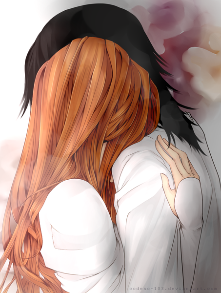 Anime picture 1000x1322 with bleach studio pierrot inoue orihime ulquiorra schiffer codeno-103 long hair tall image short hair black hair orange hair inscription couple hug espada girl boy