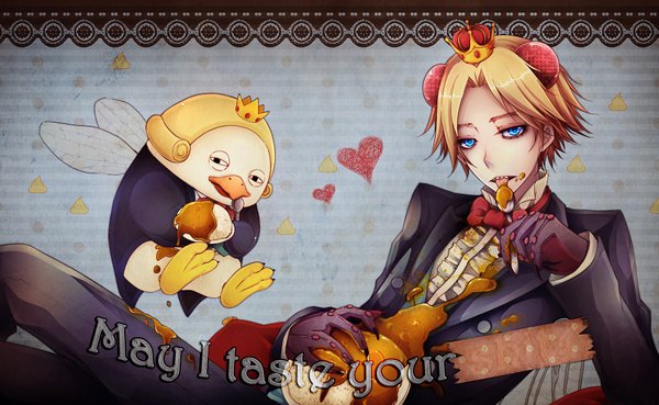 Anime picture 1900x1170 with yondemasu yo, azazel-san production i.g beelzebub (yondemasu yo, azazel-san) nyaroro (artist) highres short hair blue eyes blonde hair wide image eating reclining dual persona demon boy food bowtie crown tailcoat curry