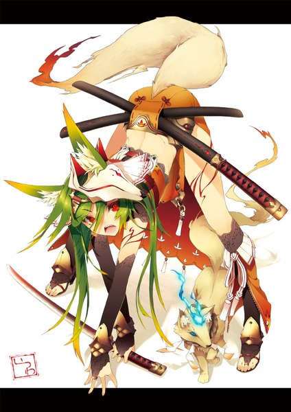 Anime picture 1250x1768 with original itsuwa (lethal-kemomimi) single long hair tall image open mouth blue eyes simple background red eyes white background animal ears tail green hair shadow tattoo fox ears fox tail on all fours mask on head girl