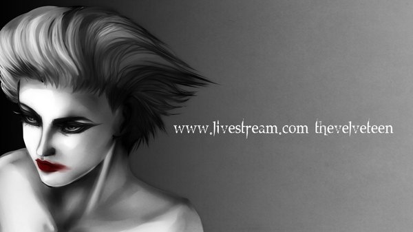 Anime picture 1600x900 with sparkyyy (artist) short hair black hair simple background blonde hair wide image bare shoulders signed lips inscription grey background grey eyes lipstick monochrome eyeshadow makeup girl