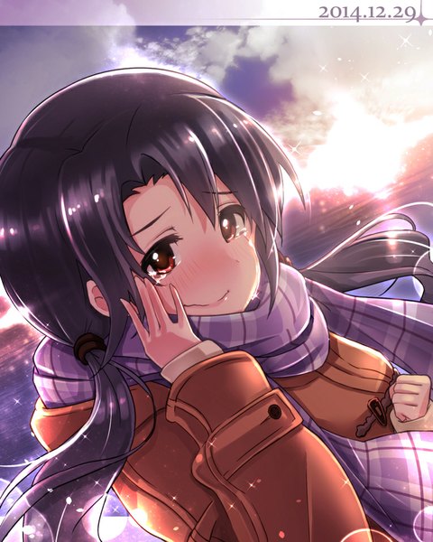 Anime picture 765x956 with idolmaster takayama sayoko ima (lm ew) single long hair tall image black hair red eyes twintails sky cloud (clouds) sunlight tears dated girl scarf winter clothes