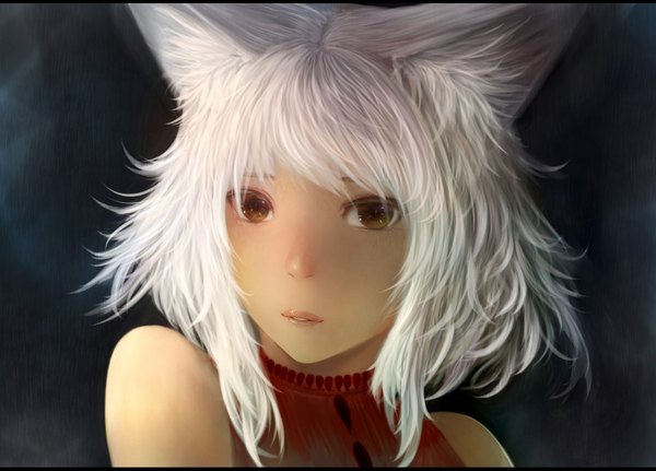 Anime picture 1600x1150 with bounin single short hair bare shoulders brown eyes animal ears white hair lips girl