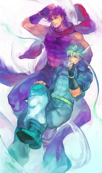 Anime picture 560x950 with jojo no kimyou na bouken joseph joestar (young) caesar anthonio zeppeli oburaato tall image short hair blue eyes smile bare shoulders blue hair looking away purple hair multiple boys crossed legs muscle salute boy gloves scarf fingerless gloves