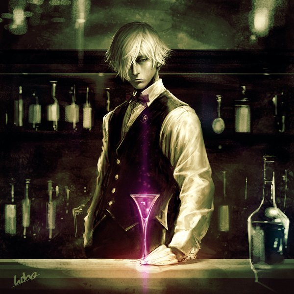 Anime picture 1000x1000 with death parade madhouse decim (death parade) senda (xianren) single fringe short hair standing green eyes signed white hair hair over one eye boy shirt white shirt bowtie insect butterfly vest buttons