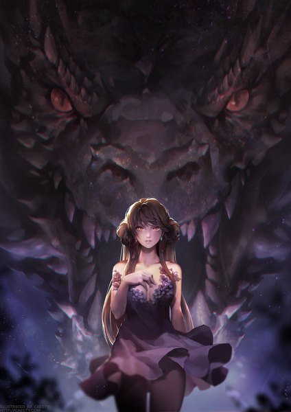 Anime picture 800x1132 with original caesty single long hair tall image looking at viewer black hair red eyes fantasy girl dress earrings black dress dragon