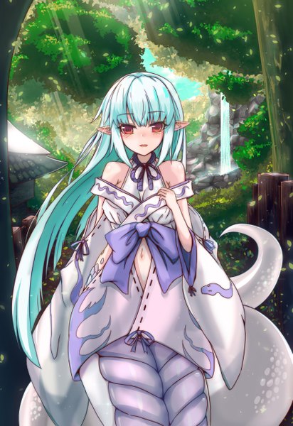 Anime picture 880x1280 with monster girl encyclopedia shirohebi (monster girl encyclopedia) rocknroll (artist) single long hair tall image looking at viewer blush fringe red eyes tail traditional clothes japanese clothes pointy ears sunlight aqua hair monster girl snake tail lamia girl