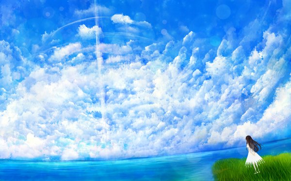Anime picture 1114x696 with original bounin single long hair black hair wide image sky cloud (clouds) wind back girl dress plant (plants) water white dress sea grass