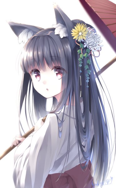 Anime picture 731x1182 with original makadamia single long hair tall image looking at viewer fringe black hair simple background red eyes white background animal ears upper body ponytail traditional clothes japanese clothes looking back hair flower :o fox ears