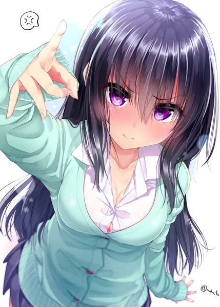 Anime picture 900x1259 with original mokufuu single long hair tall image looking at viewer blush fringe breasts black hair hair between eyes standing white background purple eyes signed cleavage pleated skirt arm up fingernails from above