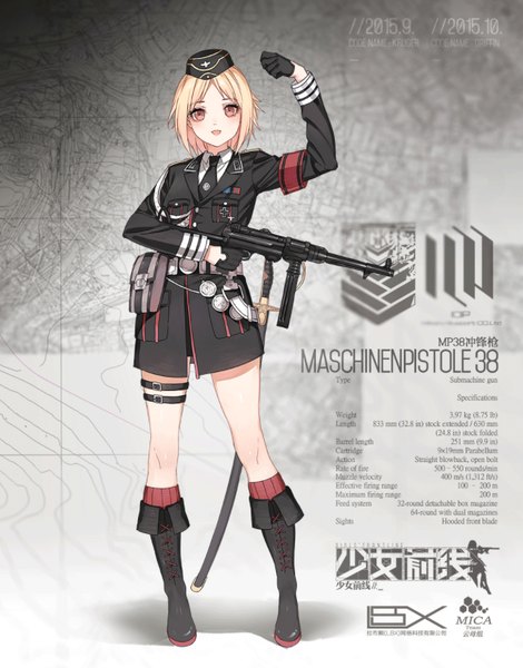 Anime picture 750x957 with girls frontline mp38 (girls frontline) single tall image looking at viewer short hair open mouth blonde hair brown eyes girl gloves uniform weapon black gloves boots gun military uniform assault rifle