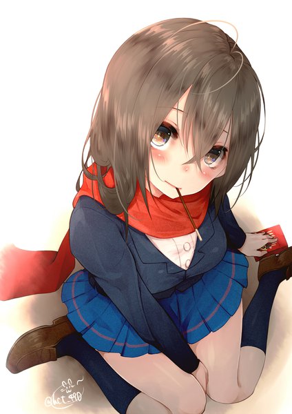Anime picture 1415x2000 with original chita (ketchup) single long hair tall image looking at viewer blush fringe simple background hair between eyes brown hair white background sitting brown eyes signed ahoge long sleeves pleated skirt wariza looking up