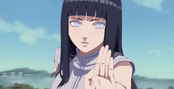 Anime picture 1200x614 with naruto studio pierrot naruto (series) hyuuga hinata 132jester single long hair black hair wide image purple eyes sky cloud (clouds) sleeveless coloring close-up mountain fighting stance girl