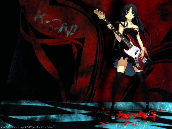 Anime picture 1600x1200 with k-on! kyoto animation akiyama mio nagi ryou single long hair looking at viewer black hair standing full body wallpaper copyright name third-party edit girl thighhighs black thighhighs musical instrument guitar bass guitar