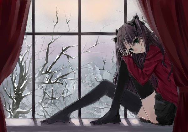 Anime picture 1200x849 with fate (series) fate/stay night type-moon toosaka rin jia qingwa single long hair looking at viewer black hair smile twintails green eyes bent knee (knees) indoors head tilt pleated skirt no shoes snow bare tree leg hug