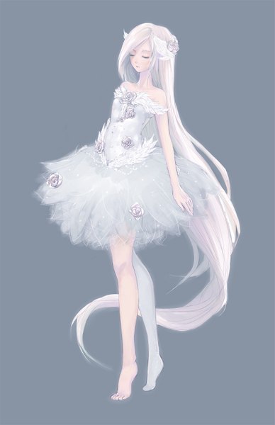 Anime picture 841x1300 with original hachiyuki single tall image simple background bare shoulders eyes closed very long hair barefoot hair flower grey background legs walking girl dress hair ornament flower (flowers)