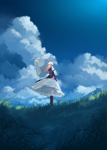 Anime picture 857x1200 with touhou yakumo yukari garnet (artist) single long hair tall image blonde hair looking away sky cloud (clouds) girl ribbon (ribbons) plant (plants) boots umbrella grass