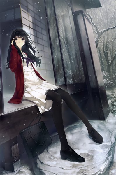 Anime picture 2655x4000 with sugina miki single long hair tall image looking at viewer highres black hair sitting full body bent knee (knees) pleated skirt scan official art adjusting hair snowing winter snow bare tree girl skirt