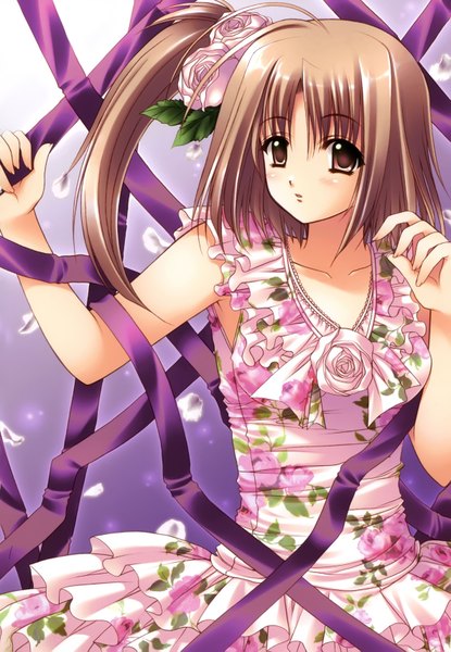 Anime picture 2367x3417 with nishimata aoi single long hair tall image highres brown hair brown eyes absurdres hair flower girl dress hair ornament ribbon (ribbons) petals
